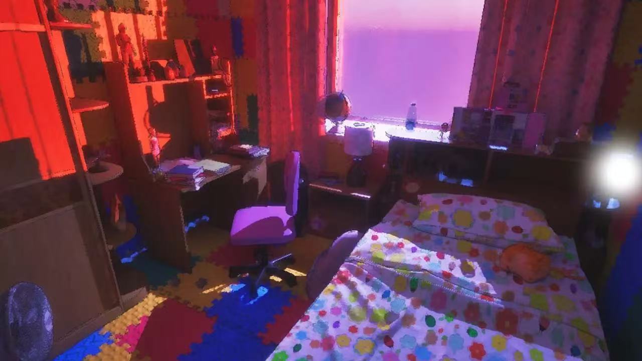 A bedroom lit with red and violet light in After Light