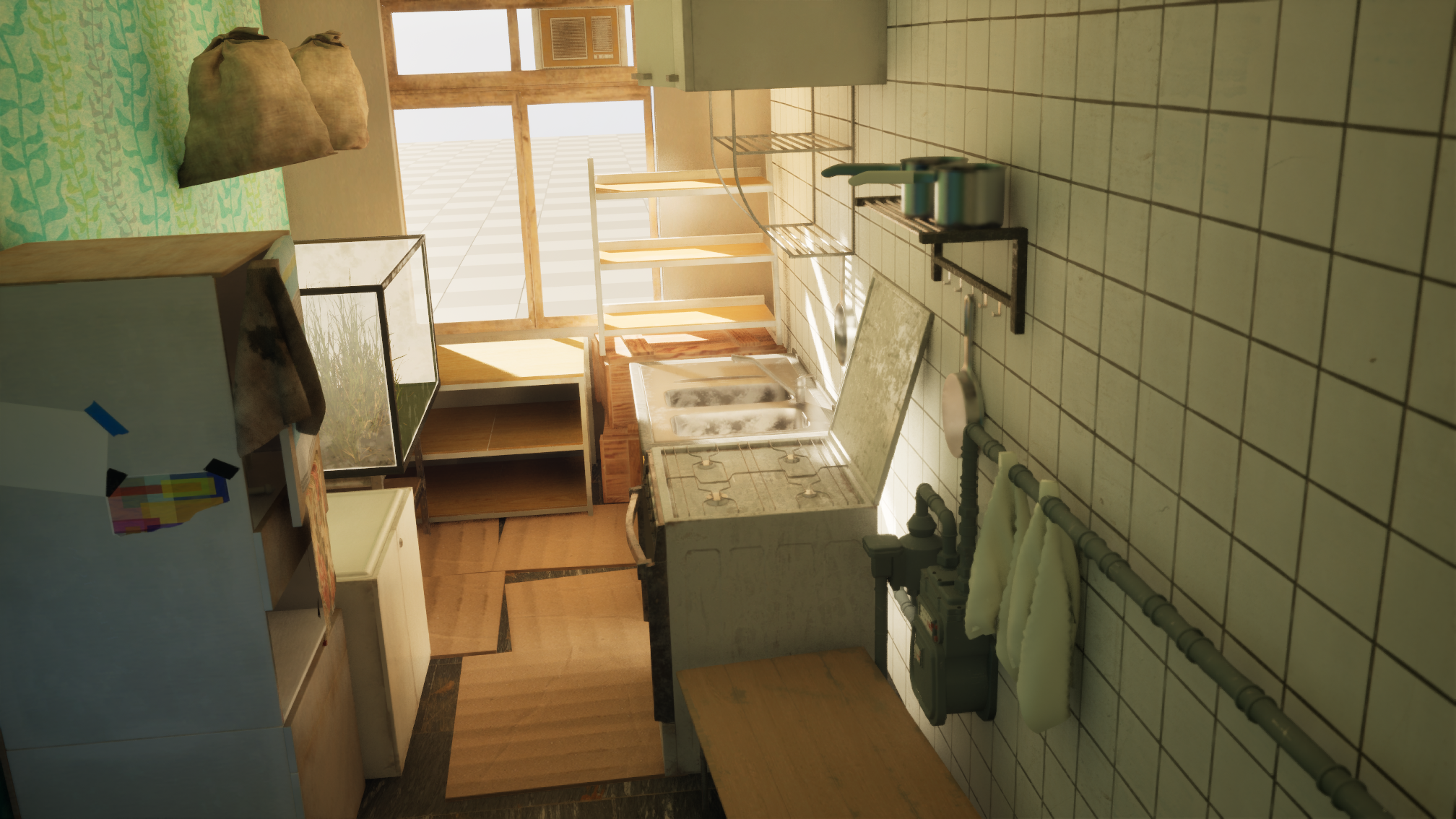 Sunlight filling a small kitchen