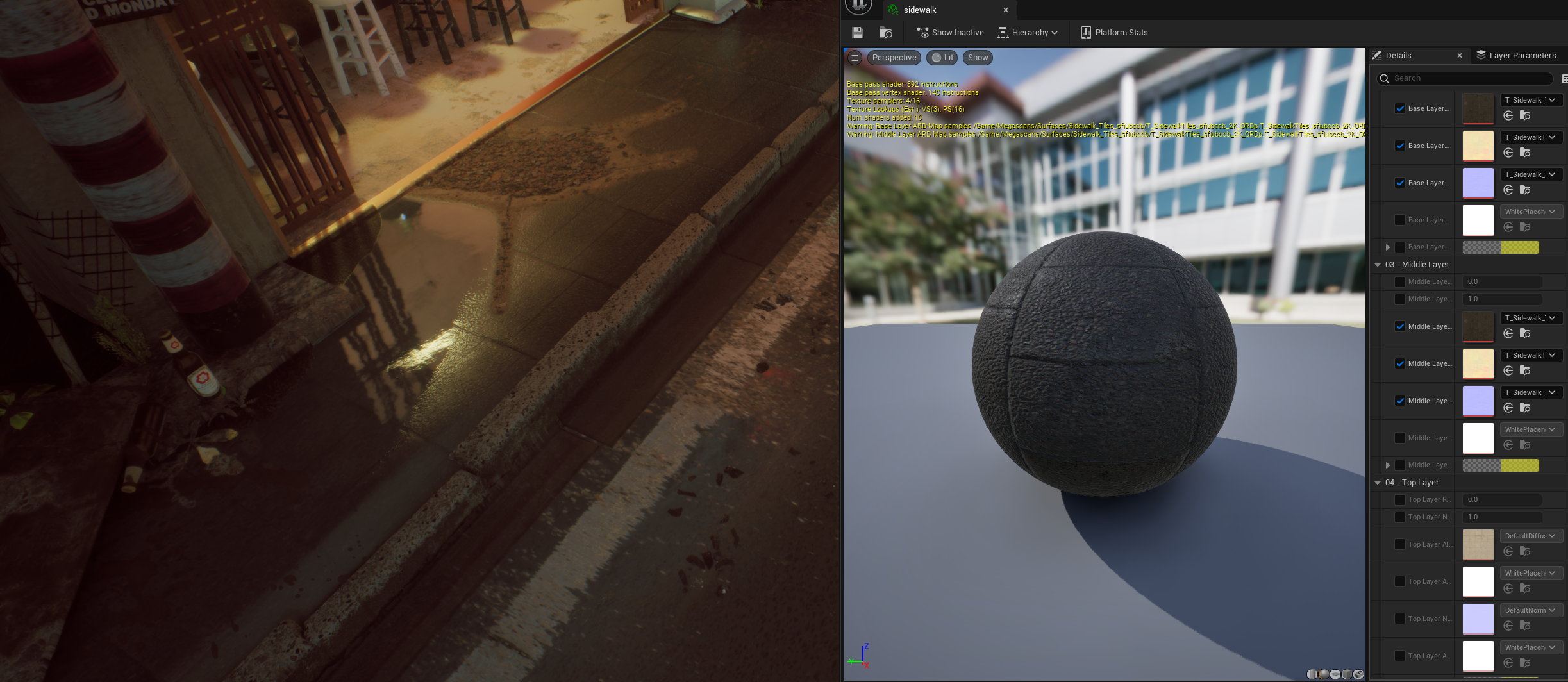 Blended pavement textures and puddles in Unreal Engine
