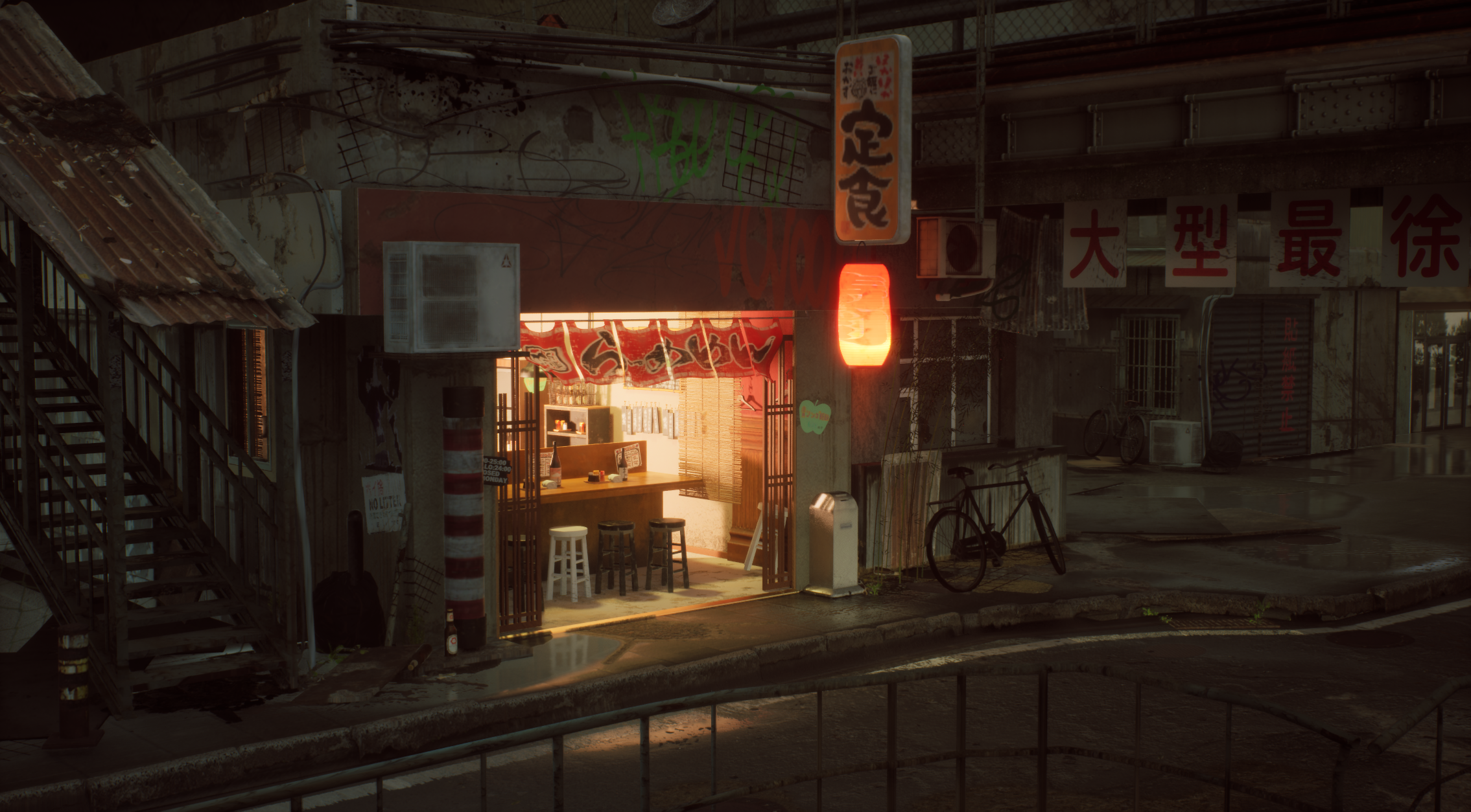 A warmly lit restaurant on a quiet Japanese street