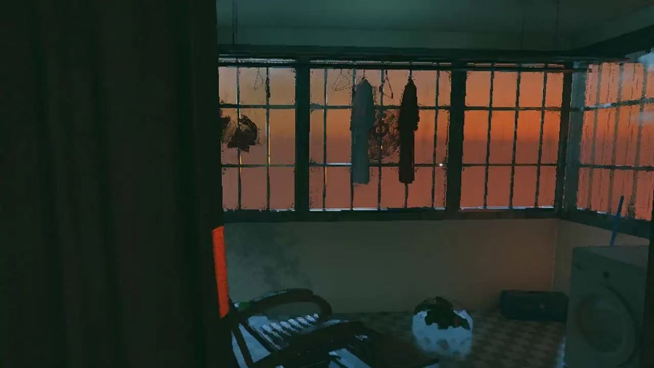 A dim domestic interior with a warm window